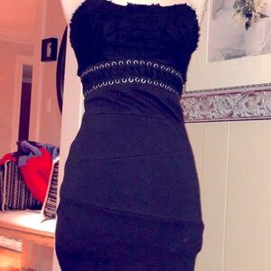 LaRok Black Strapless Dress with Lace Corset Detail